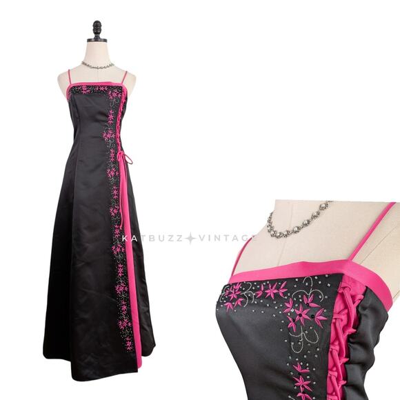 Morgan & Co. Dresses & Skirts - Vintage Morgan Co Prom Dress Maxi Gown 4 Pink Black Y2K Floral Corset Princess